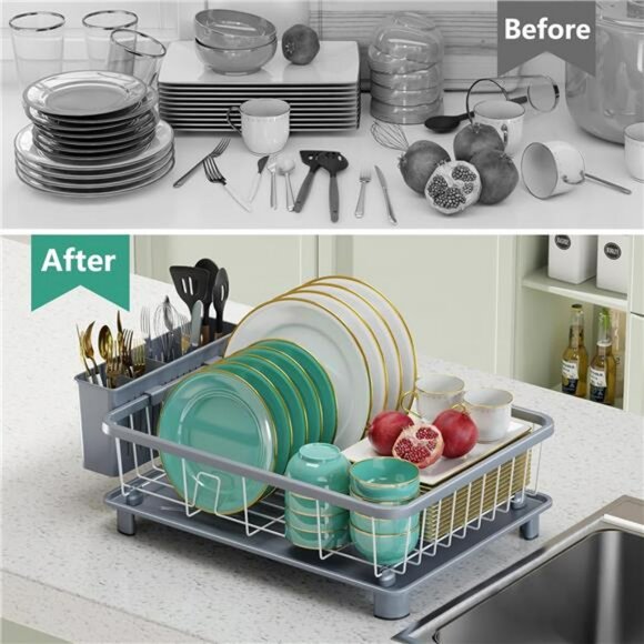 space saving dish drying rack with drainboard utensil holder kitchen counter - Picture 6 of 7